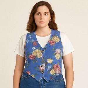 Vintage 90s Stampede USA‎ Size M Blue Floral Denim Button Front Vest Cottagecore